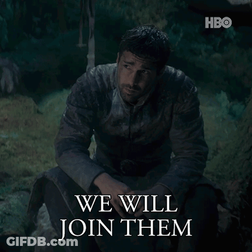 A Man Is Sitting In The Grass With The Words " We Will Join Them " Below Him GIF