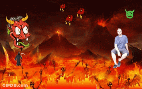 A Man Is Sitting In The Middle Of A Firey Hellscape GIF