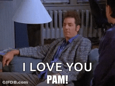 A Man Is Sitting On A Couch Talking To Another Man While Saying `` I Love You Pam '' . GIF
