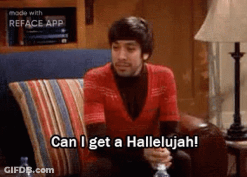 A Man Is Sitting On A Couch With A Bottle Of Water And Saying `` Can I Get A Hallelujah '' . GIF