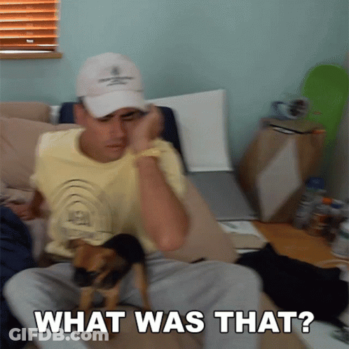 A Man Is Sitting On A Couch With A Small Dog And The Words " What Was That " Above Him GIF