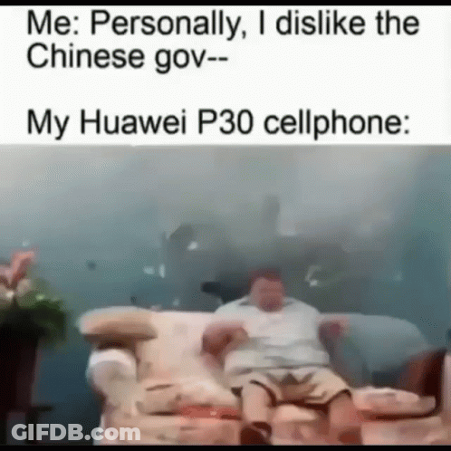 A Man Is Sitting On A Couch With His Arms Outstretched In A Meme About His Huawei P30 Cellphone . GIF