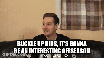 A Man Is Sitting On A Couch With The Words " Buckle Up Kids , It 'S Gonna Be An Interesting Offseason " GIF