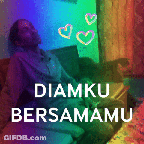 A Man Is Sitting On A Couch With The Words " Diamku Bersamamu " Written Above Him GIF