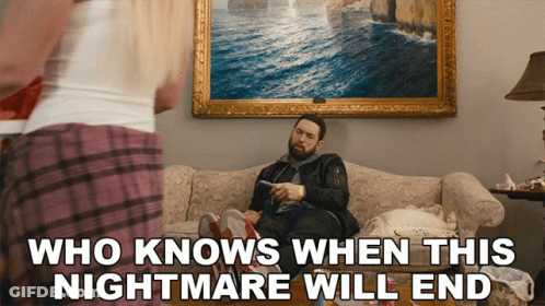 A Man Is Sitting On A Couch With The Words Who Knows When This Nightmare Will End GIF