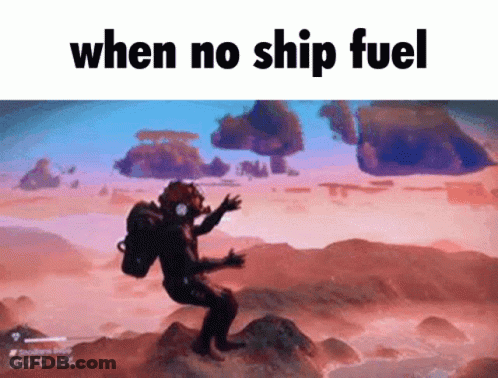 A Man Is Sitting On A Rock In A Video Game With The Words " When No Ship Fuel " Above Him GIF