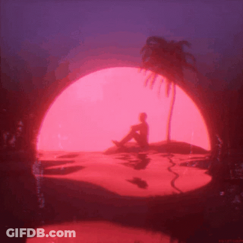 A Man Is Sitting On A Rock In The Water With A Palm Tree In Front Of A Pink Sun . GIF