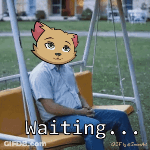 A Man Is Sitting On A Swing With A Cat On His Head And The Words Waiting Behind Him GIF