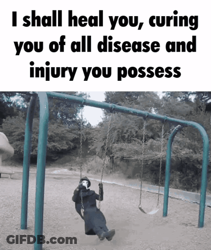 A Man Is Sitting On A Swing With The Words I Shall Heal You Curing You Of All Disease And Injury You Possess On The Bott GIF