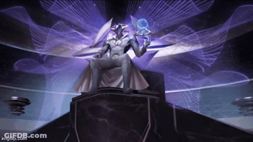A Man Is Sitting On A Throne In A Room With Purple Lights Behind Him GIF