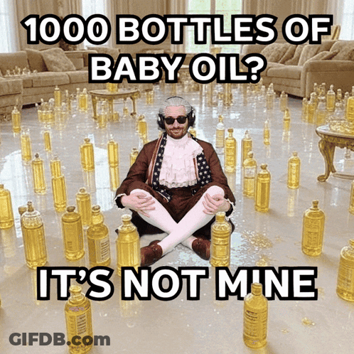 A Man Is Sitting On The Floor Surrounded By Bottles Of Baby Oil GIF