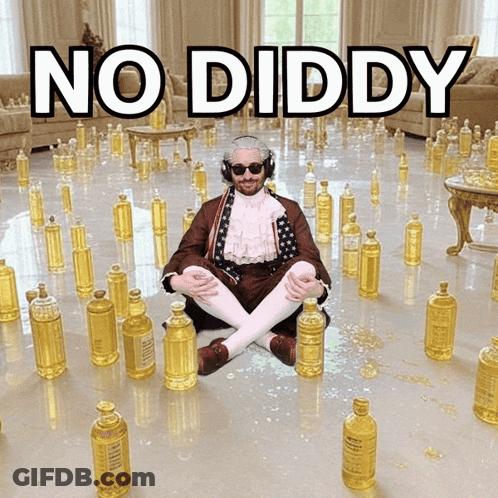 A Man Is Sitting On The Floor Surrounded By Yellow Bottles And The Words No Diddy GIF