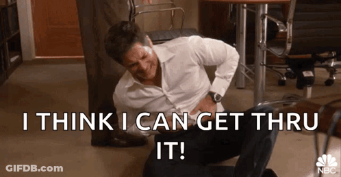 A Man Is Sitting On The Floor With His Hands On His Stomach And The Words `` I Think I Can Get Thru It '' GIF