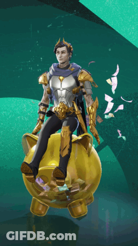A Man Is Sitting On Top Of A Gold Piggy Bank GIF