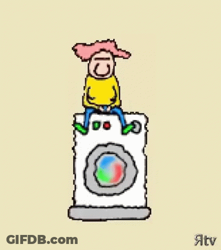A Man Is Sitting On Top Of A Washing Machine . GIF