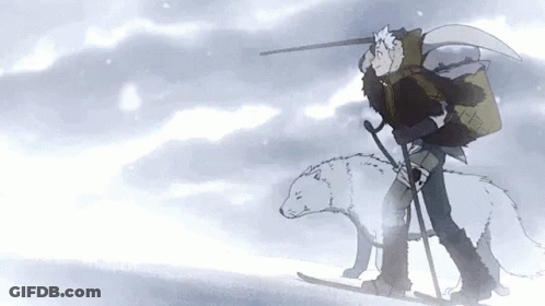 A Man Is Skiing With A Wolf On A Sled In The Snow . GIF