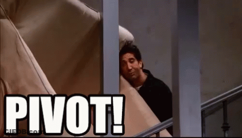 A Man Is Sleeping On A Couch In A Room With The Words `` Pivot '' Written Above Him . GIF
