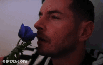 A Man Is Smelling A Blue Rose In His Nose . GIF