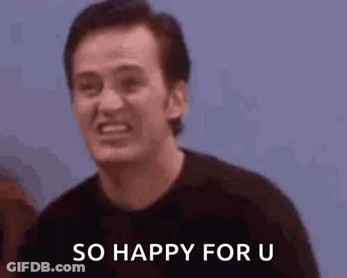 A Man Is Smiling And Saying `` So Happy For U '' While Standing In Front Of A Woman . GIF