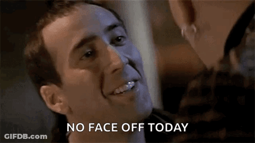 A Man Is Smiling And Talking To A Woman While Wearing A Mask And Says `` No Face Off Today '' . GIF