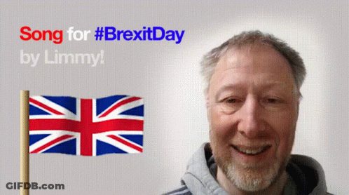 A Man Is Smiling In Front Of A Sign That Says Song For #Brexitday GIF