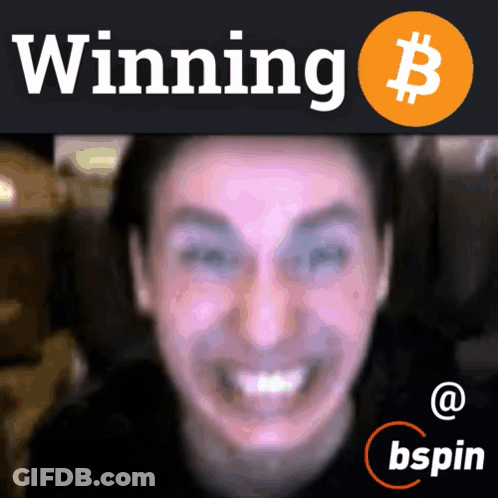 Smiling Man In Front Of Winning Sign And Bitcoin GIF