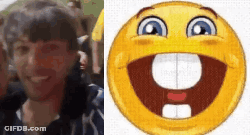 A Man Is Smiling Next To A Smiley Face With A Big Mouth GIF