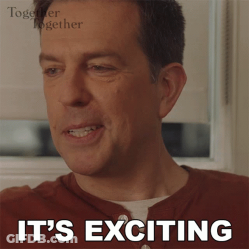 A Man Is Smiling With The Words It 'S Exciting Below Him GIF
