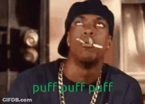 A Man Is Smoking A Cigarette With The Words Puff Puff Puff Written On The Bottom GIF