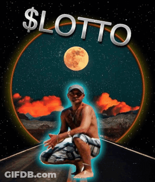 A Man Is Squatting Down In Front Of A Full Moon With The Word Lotto On The Bottom GIF