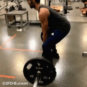 A Man Is Squatting Down To Lift A Barbell With A Plate That Says 20.4 On It GIF