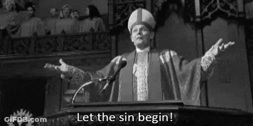 A Man Is Standing At A Podium Giving A Speech And Saying `` Let The Sin Begin ! '' GIF