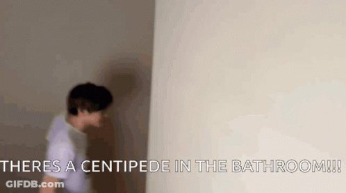 A Man Is Standing In A Bathroom With The Words `` There Is A Centipede In The Bathroom ! '' GIF