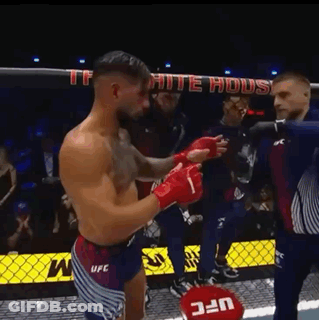 A Man Is Standing In A Boxing Ring With A Sign That Says Ufc On It GIF