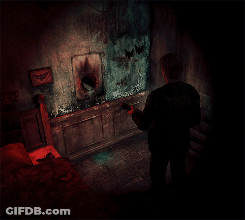 A Man Is Standing In A Dark Room With A Picture Of A Bat On The Wall Behind Him GIF
