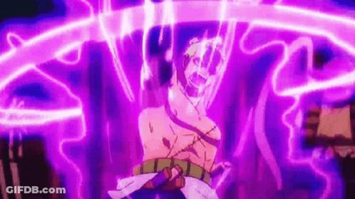 A Man Is Standing In A Dark Room With Purple Lightning Behind Him . GIF