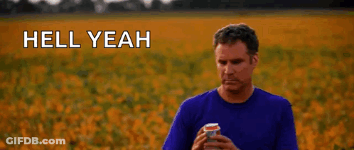 A Man Is Standing In A Field Holding A Can Of Soda And Says `` Hell Yeah '' . GIF