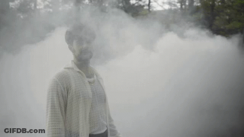 A Man Is Standing In A Foggy Forest And Smiling At The Camera . GIF