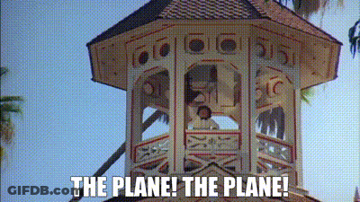 A Man Is Standing In A Gazebo With The Words The Plane ! The Plane ! Below Him . GIF