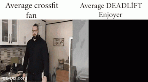 A Man Is Standing In A Kitchen With A Sign That Says ' Average Crossfit Fan ' On It GIF