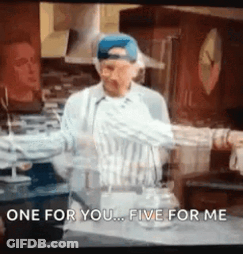 A Man Is Standing In A Kitchen With His Arms Outstretched And Says `` One For You ... Five For Me '' GIF