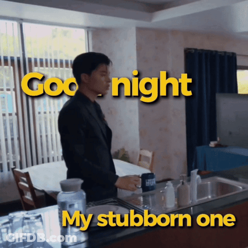 A Man Is Standing In A Kitchen With The Words Good Night My Stubborn One Behind Him GIF