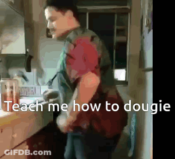 A Man Is Standing In A Kitchen With The Words Teach Me How To Dougie On The Bottom GIF