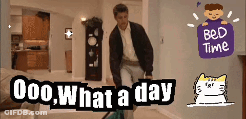A Man Is Standing In A Living Room With The Words " Ooo What A Day " On The Bottom GIF