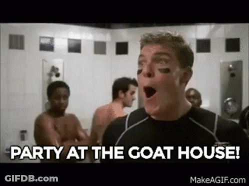 A Man Is Standing In A Locker Room With His Mouth Open And Says `` Party At The Goat House '' . GIF