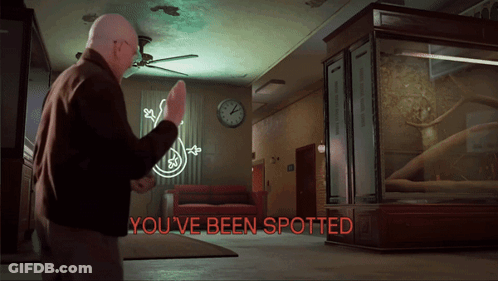 A Man Is Standing In A Room With A Lizard On The Wall And The Words You 'Ve Been Spotted GIF