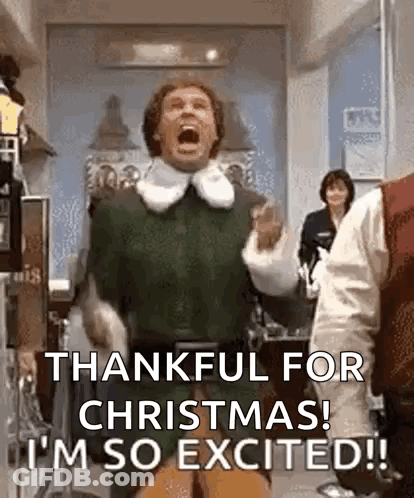 A Man Is Standing In A Room With His Mouth Open And Saying `` Thankful For Christmas I 'M So Excited ! '' GIF