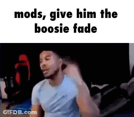 A Man Is Standing In A Room With The Words `` Mods , Give Him The Boosie Fade '' Written On The Screen . GIF