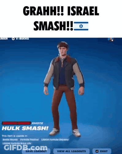 A Man Is Standing In Front Of A Blue Background In A Video Game And Says `` Grahh ! Israel Smash ! '' GIF