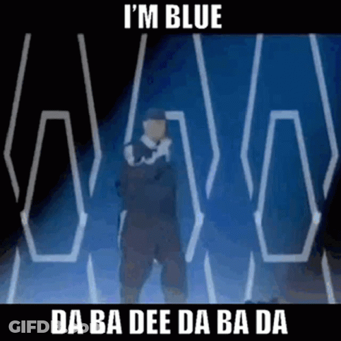 A Man Is Standing In Front Of A Blue Background With The Words `` I 'M Blue '' On It . GIF